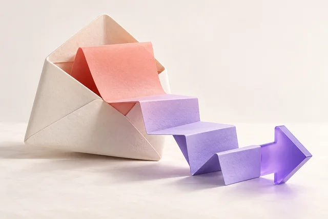 Een open envelop ontvouwt zich tot concrete vervolgstappen.