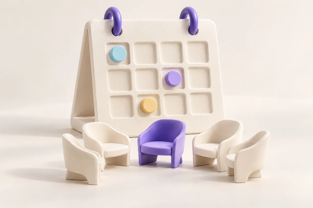 Een sculpturale kalender en zitplaatsen verbinden planning en deelname.