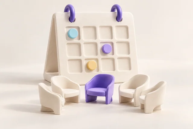 Een sculpturale kalender en zitplaatsen verbinden planning en deelname.