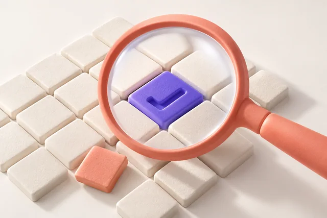Een koraalkleurige loep maakt een gecontroleerd detail zichtbaar.