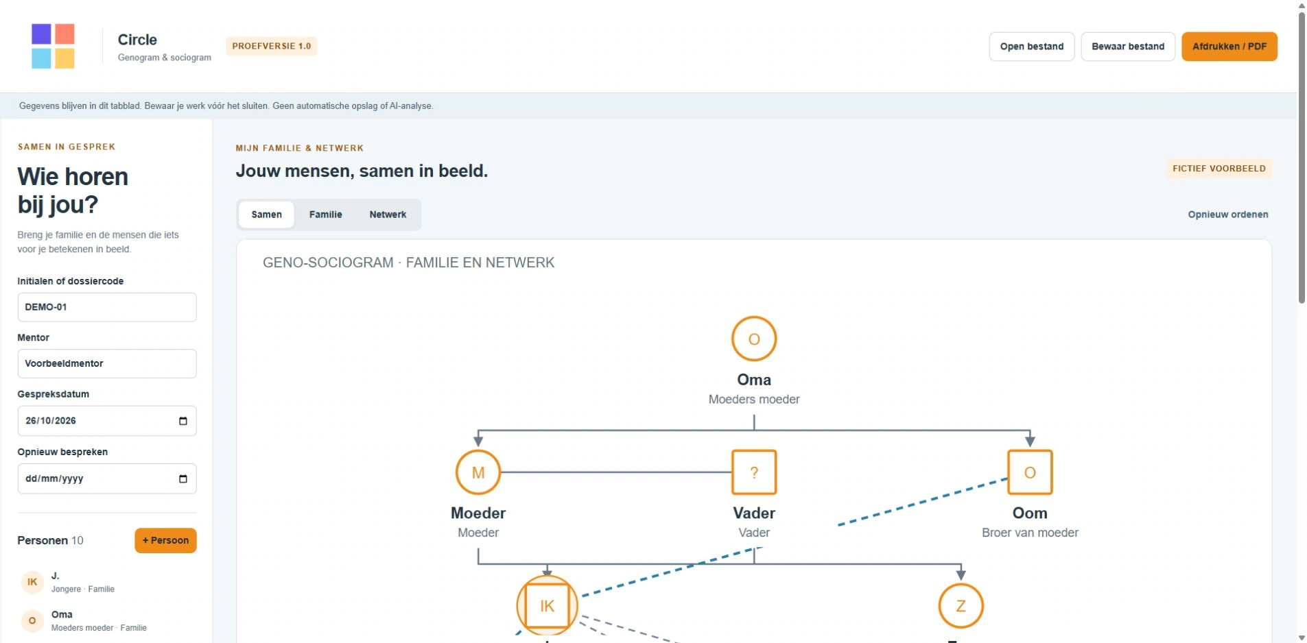 Family and support networks at a glance — The existing visual network module with fictional people and relationships.