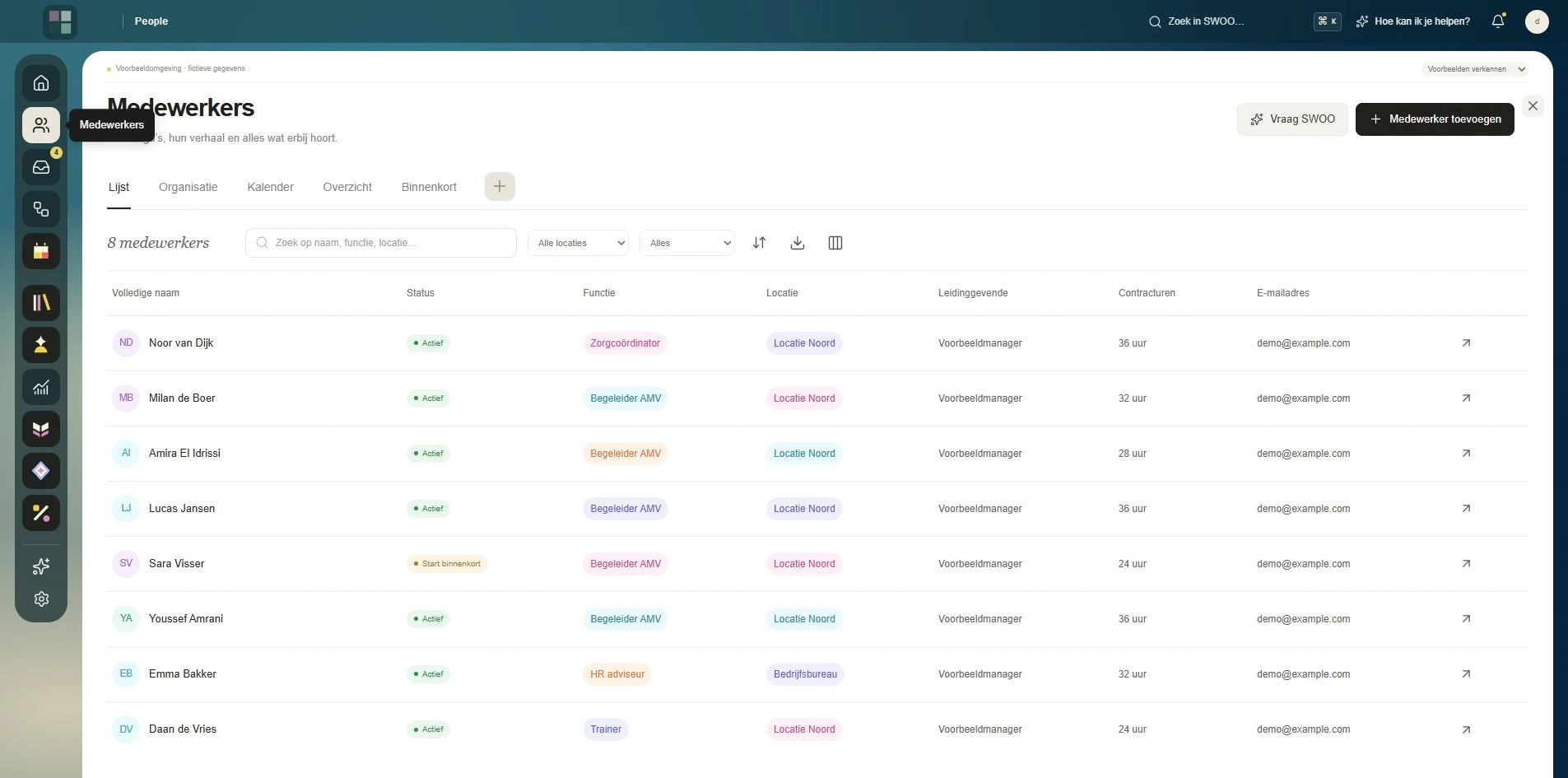 Your colleagues in one overview — The employee module of the existing HR environment, with fictional people and contact details.