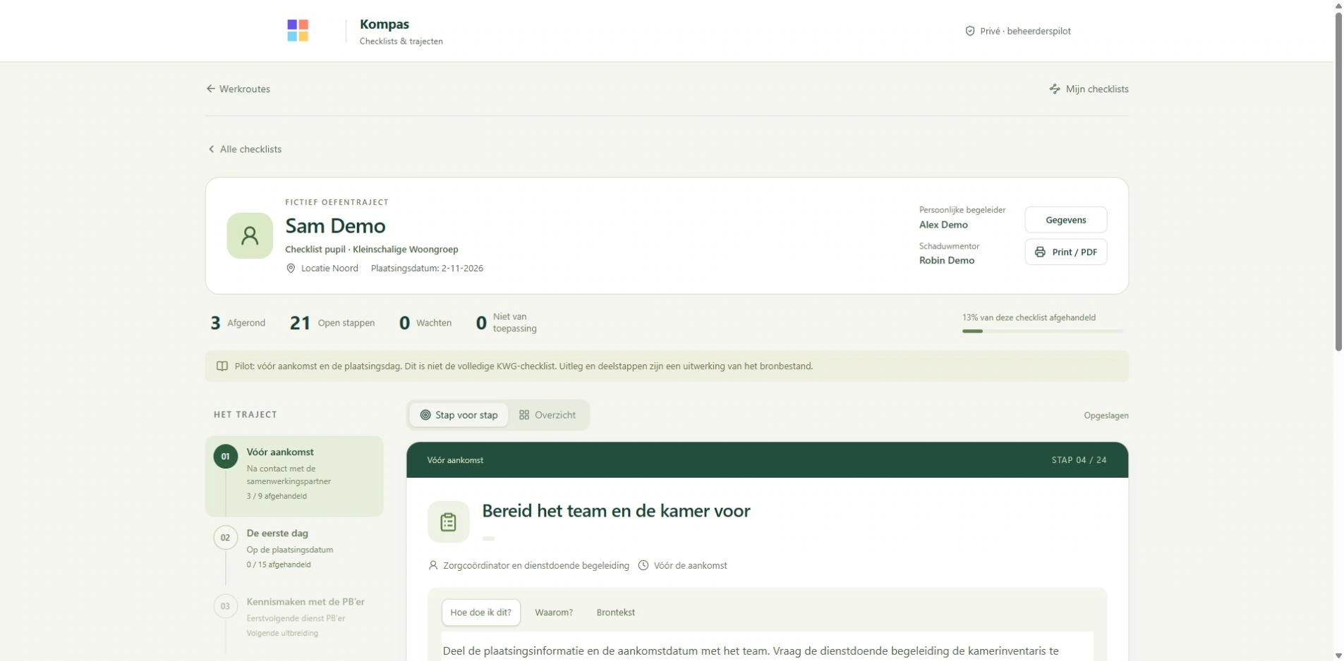 Every step, visibly tracked — The checklist module within the existing process environment, with a fictional practice case.